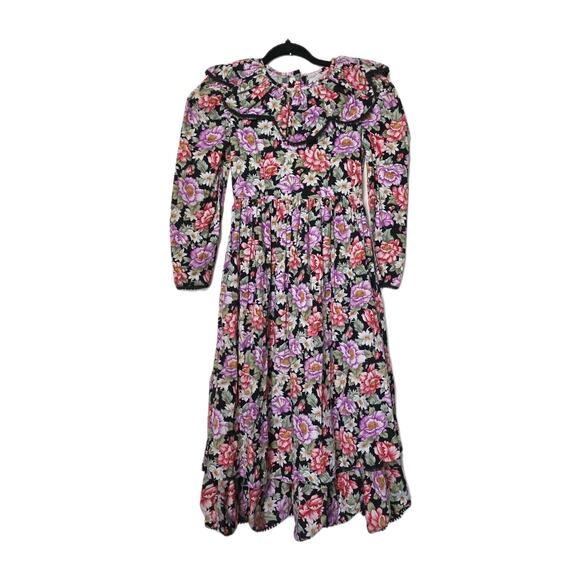 Vtg Floral Peasant Midi Dress Sz Small Collar Cottage Prairie Puff Sleeve Ruffle - Picture 1 of 12